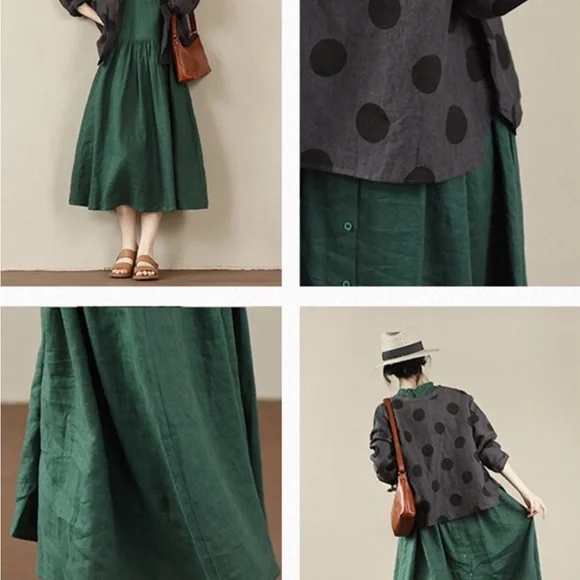 NWT Simpson Gardens Oversized Elegant Green Linen Midi Dress Med - Picture 4 of 5